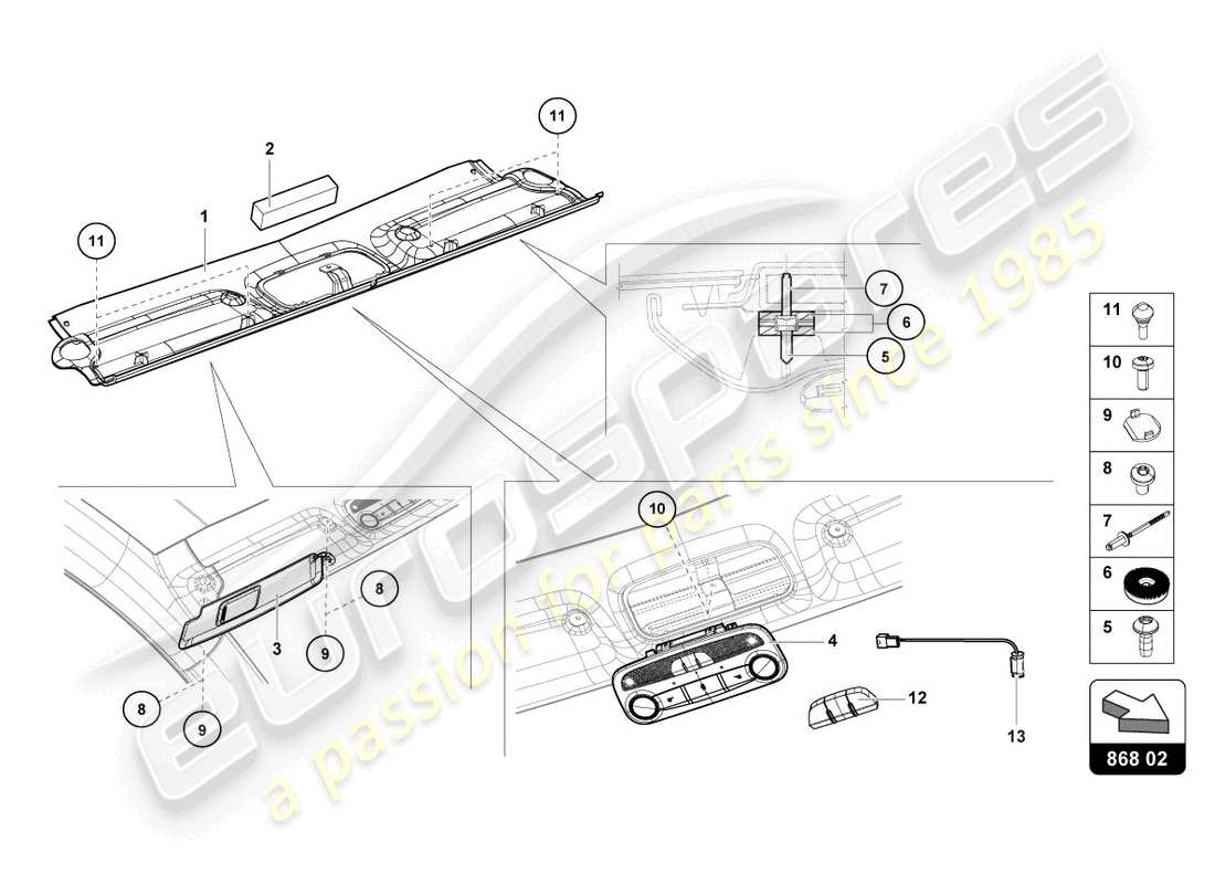 lamborghini lp740-4 s coupe (2018) rivestimento del telaio del tetto schema delle parti