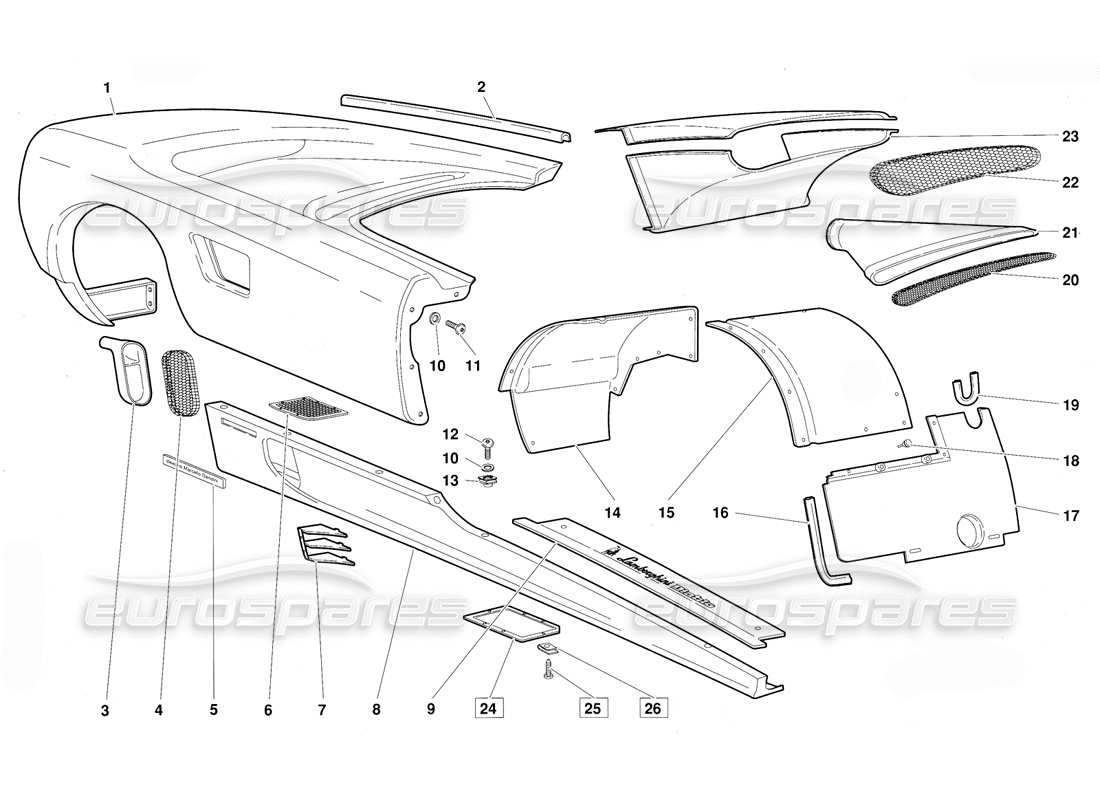 lamborghini diablo (1991) diagramma delle parti degli elementi del corpo: fianco destro (valido per la versione di giugno 1992).