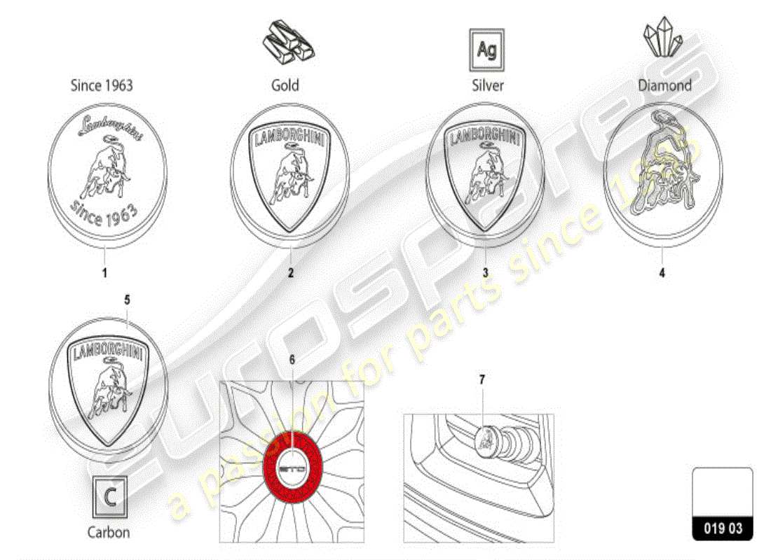 lamborghini huracan lp580-2 spyder (accessories) diagramma delle parti del coprimozzo