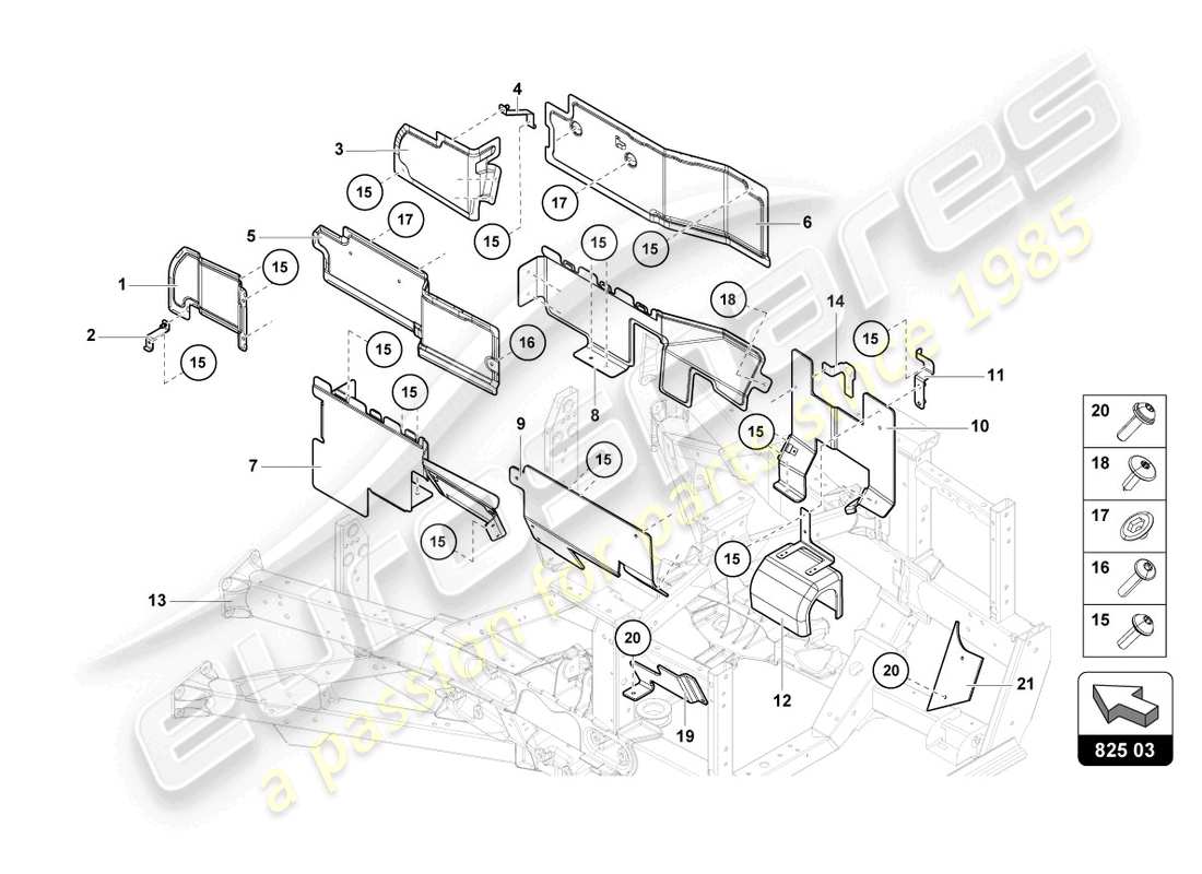 lamborghini 2019 (lp740-4 s coupe) schema delle parti dello scudo calore