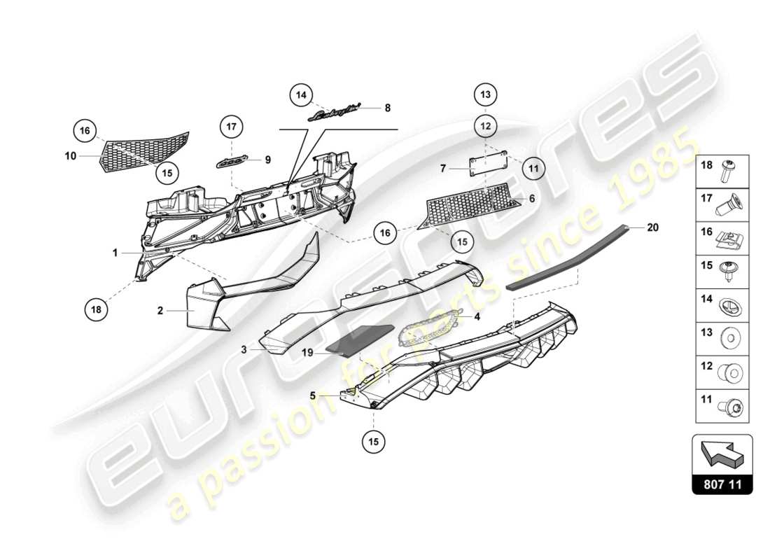 lamborghini 2016 (lp750-4 sv roadster) paraurti, schema delle parti complete