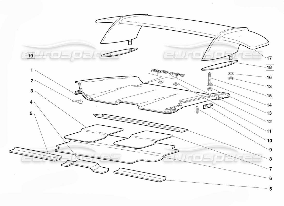 lamborghini diablo (1991) diagramma delle parti del cofano e del parafango posteriori (valido per la versione 1992 di giugno).