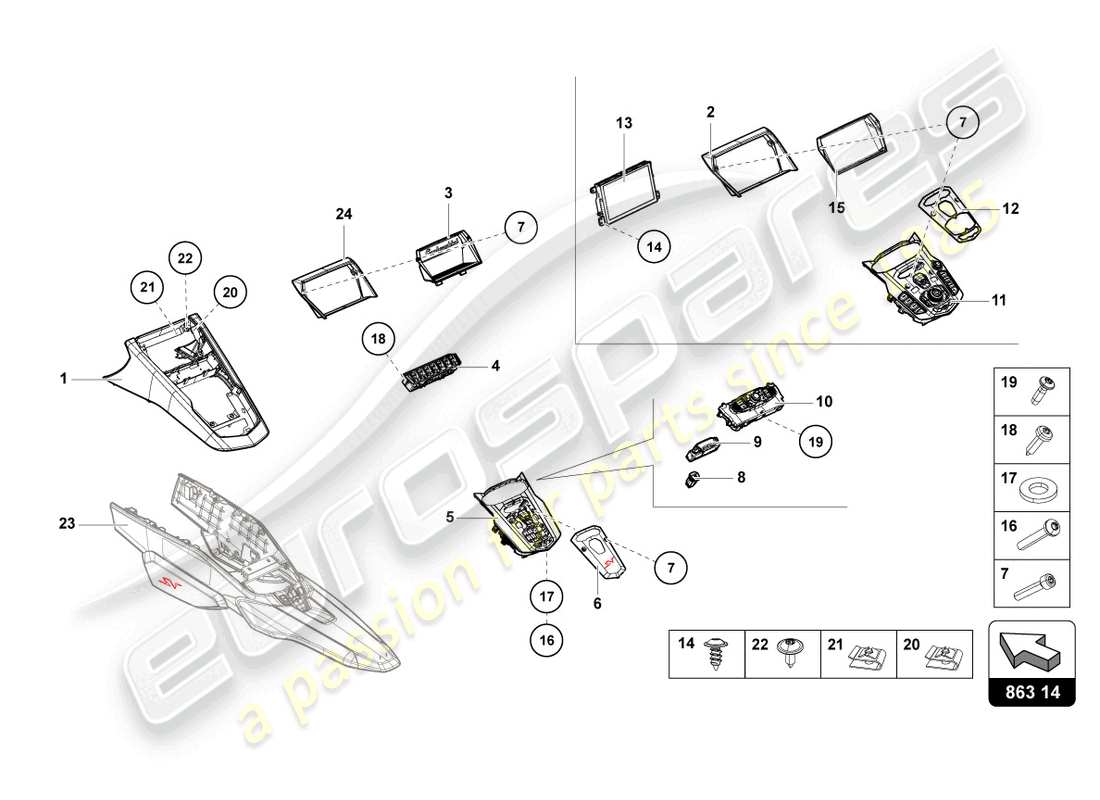 lamborghini lp750-4 sv roadster (2016) schema delle parti della console centrale