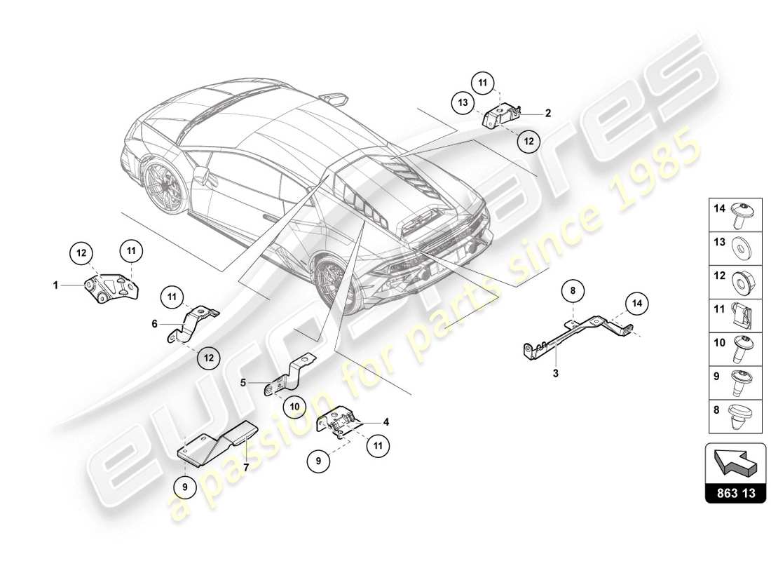 lamborghini evo coupe (2020) parti di fissaggio del motore schema delle parti