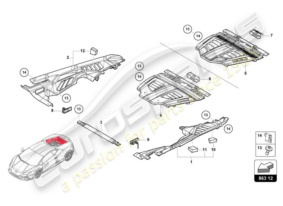 lamborghini evo coupe (2020) copertura motore diagramma delle parti