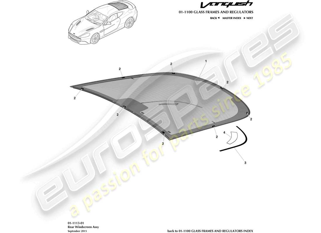 aston martin vanquish (2017) schema delle parti del parabrezza posteriore