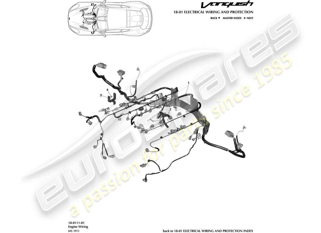 aston martin vanquish (2017) diagramma delle parti del cablaggio del motore