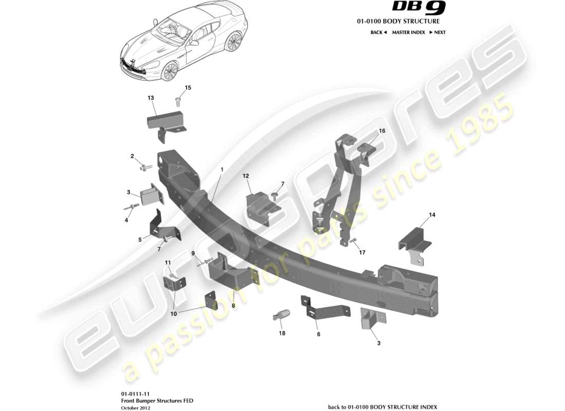 aston martin db9 (2014) struttura del paraurti anteriore, federale diagramma delle parti