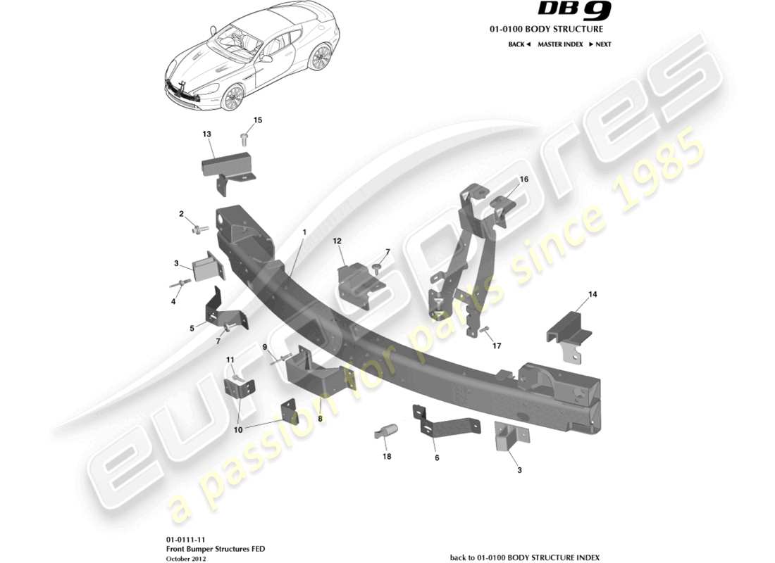 aston martin db9 (2014) struttura del paraurti anteriore, diagramma della parte federale