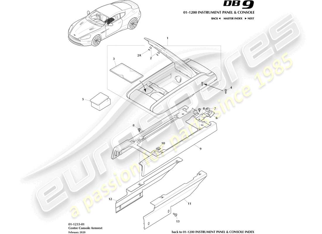 aston martin db9 (2013) diagramma delle parti del bracciolo della console centrale