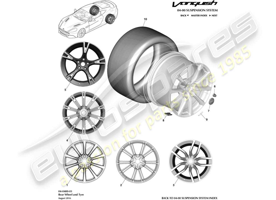 aston martin vanquish (2017) ruote e pneumatici, diagramma della parte posteriore