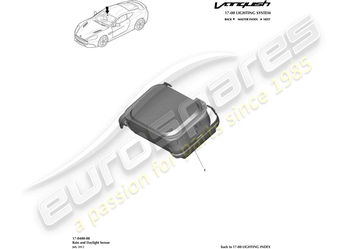 aston martin vanquish (2017) diagramma delle parti del sensore pioggia e luce diurna