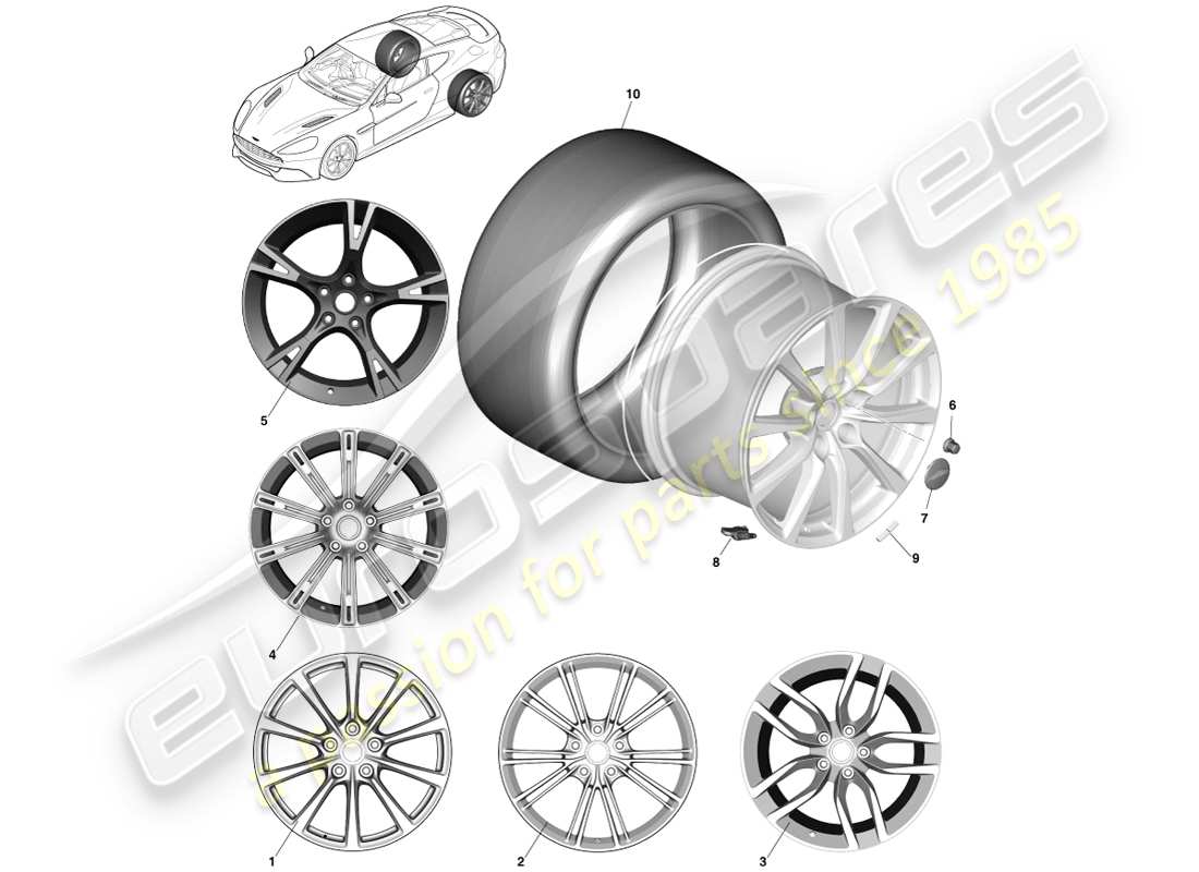 aston martin vanquish (2014) ruote e pneumatici, diagramma della parte posteriore