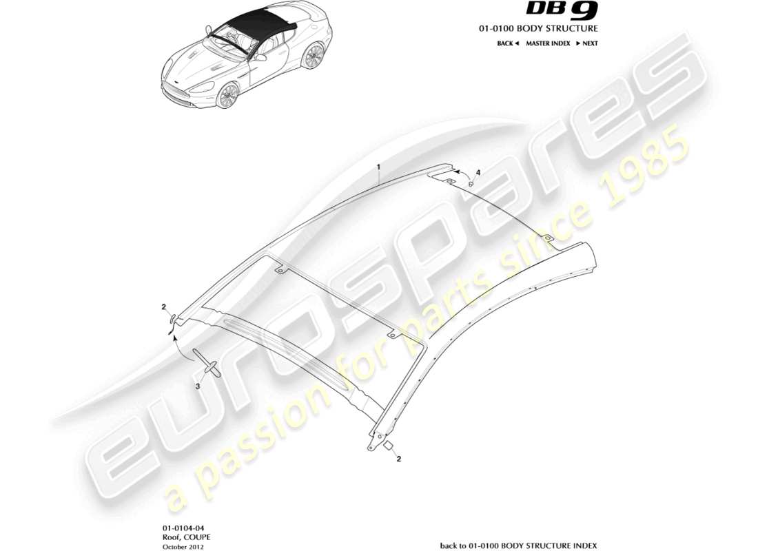aston martin db9 (2016) tetto, diagramma delle parti della coupé