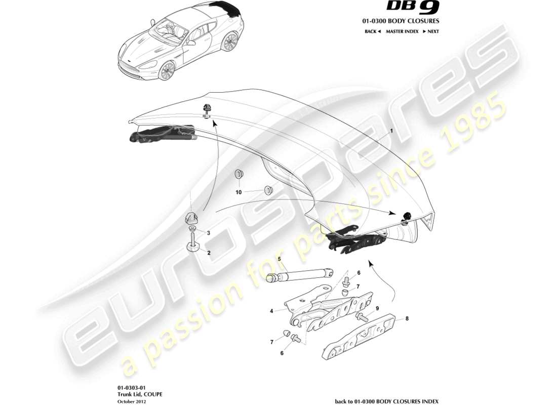 aston martin db9 (2016) schema delle parti del coperchio e della cerniera del bagagliaio, della coupé