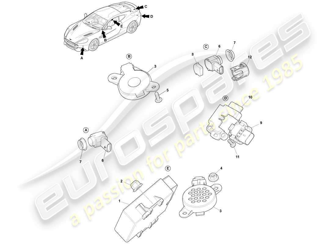 aston martin vanquish (2014) schema delle parti dell'ausilio al parcheggio