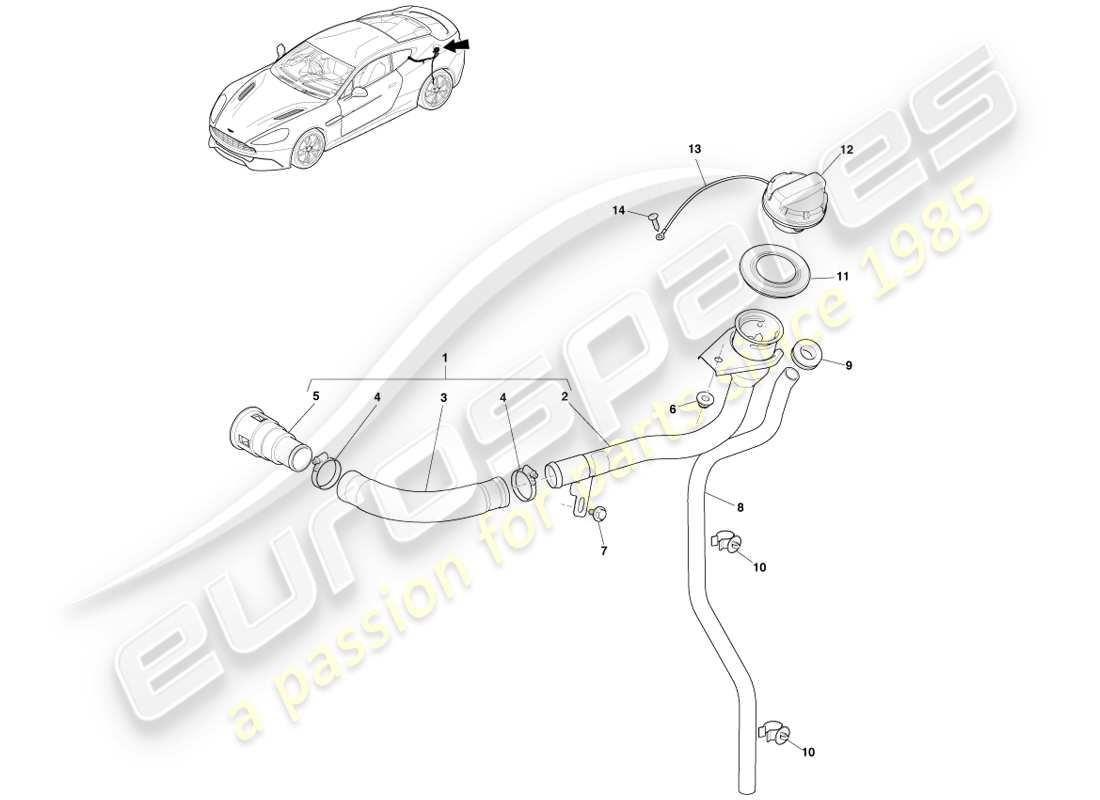 aston martin vanquish (2013) gruppo bocchettone di rifornimento carburante, coupé diagramma delle parti