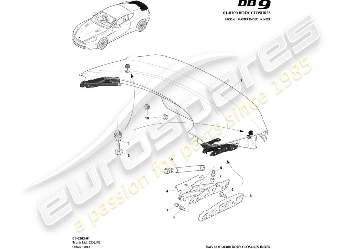 aston martin db9 (2014) schema delle parti del coperchio e della cerniera del bagagliaio, della coupé