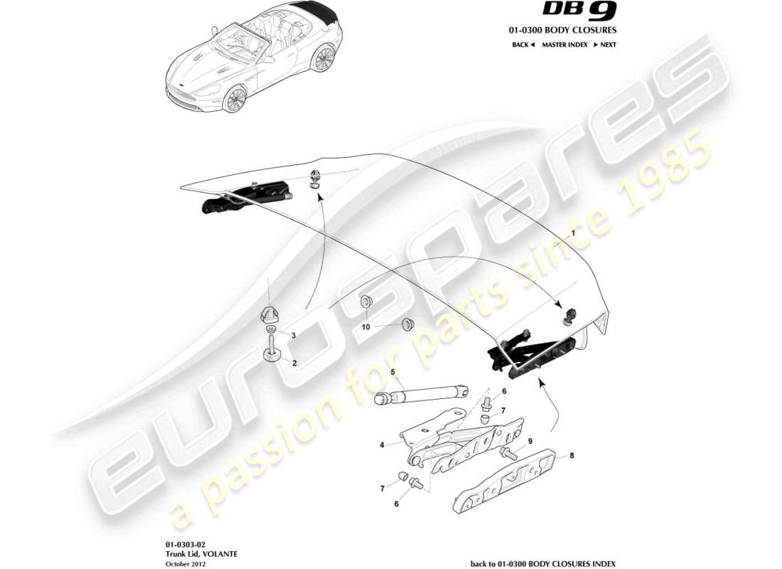 aston martin db9 (2013) coperchio e cerniera del bagagliaio, volante diagramma delle parti