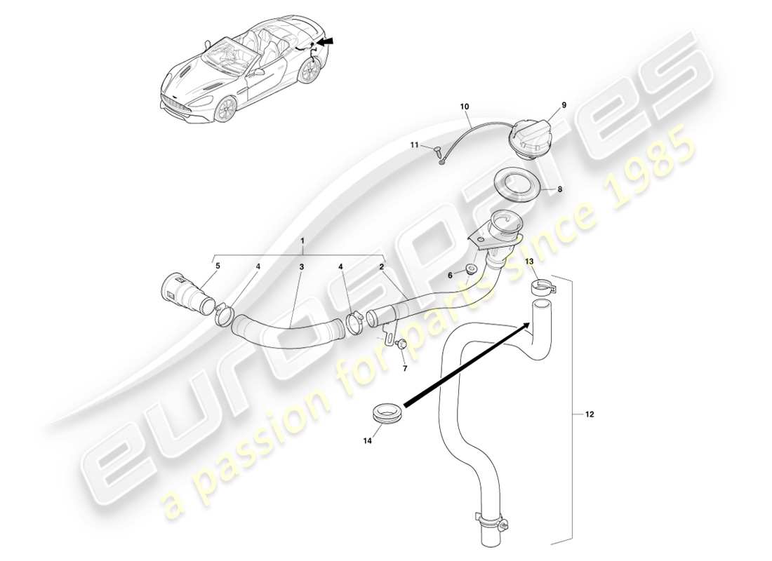 aston martin vanquish (2013) gruppo bocchettone di rifornimento carburante, diagramma delle parti volante