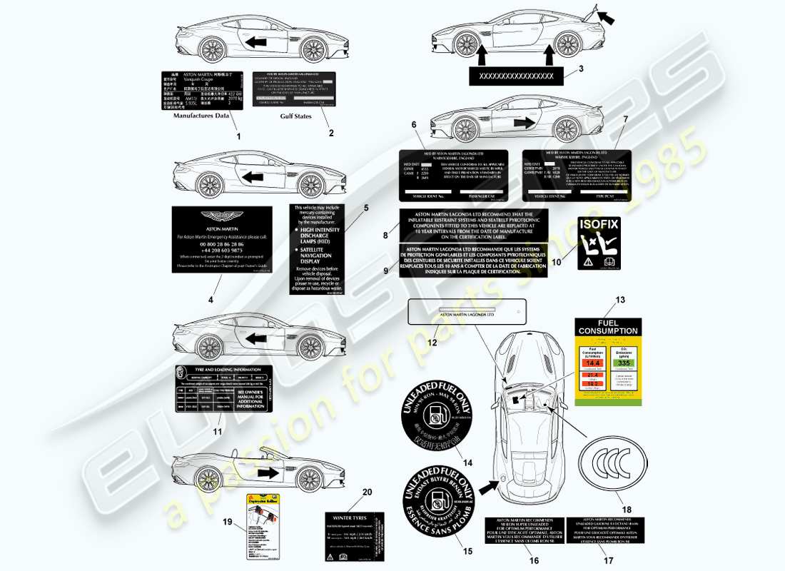 aston martin vanquish (2013) etichette esterne diagramma delle parti