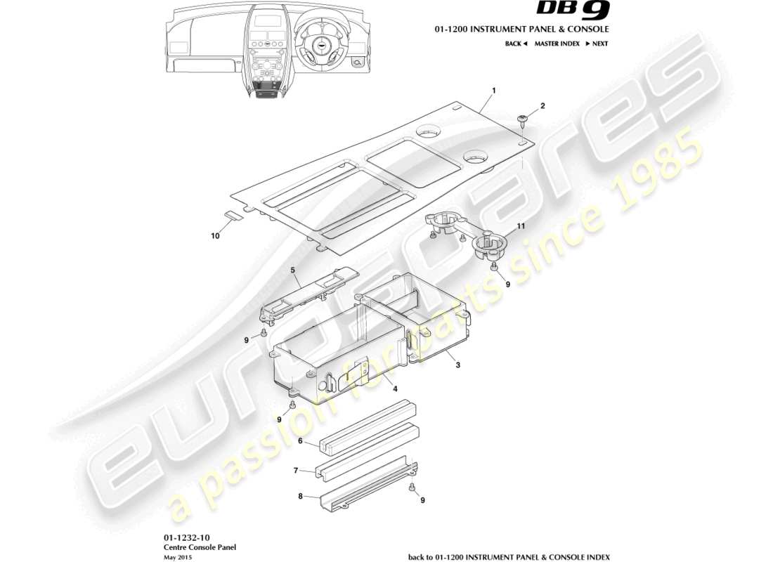 aston martin db9 (2016) diagramma delle parti del pannello della console centrale