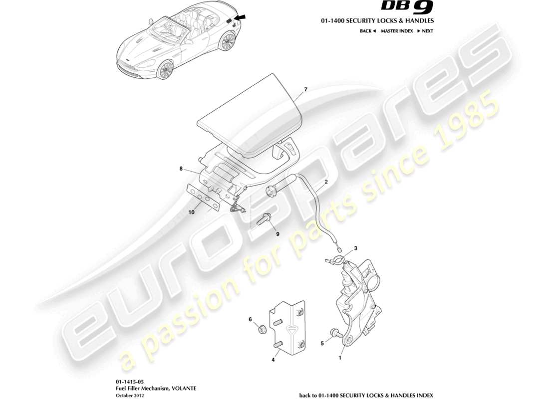 aston martin db9 (2016) kraftstoffeinfüllmechanismus, volante teilediagramm