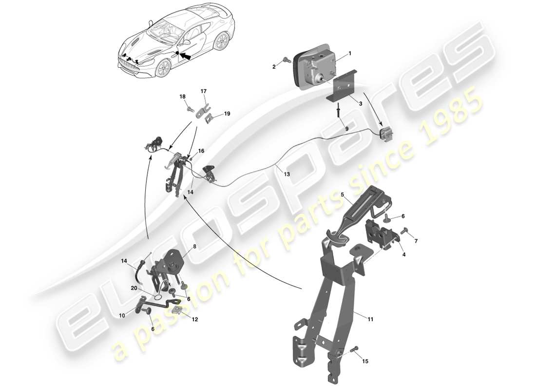 aston martin vanquish (2014) chiusura e attuazione del cofano diagramma delle parti