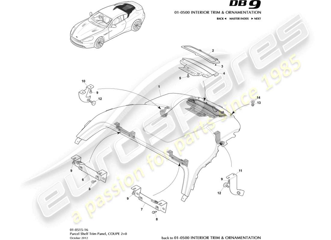aston martin db9 (2014) pannello di rivestimento del ripiano portaoggetti, diagramma delle parti del coupé 2+0