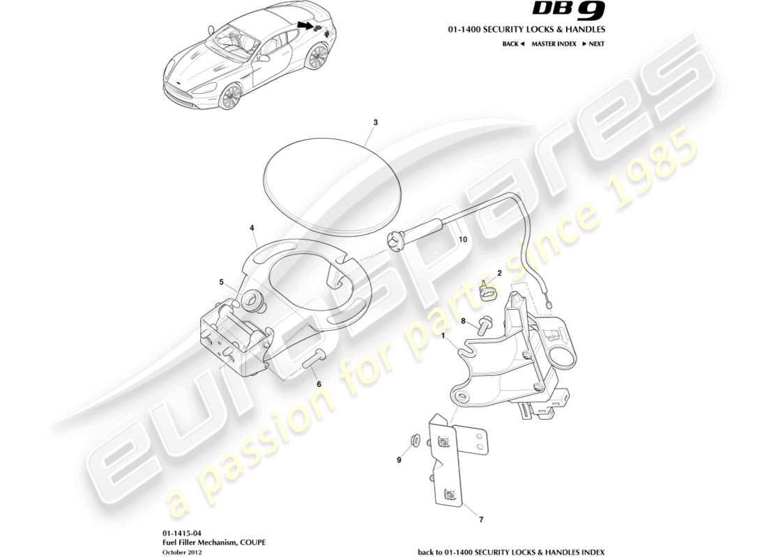aston martin db9 (2014) meccanismo di rifornimento del carburante, diagramma delle parti della coupé