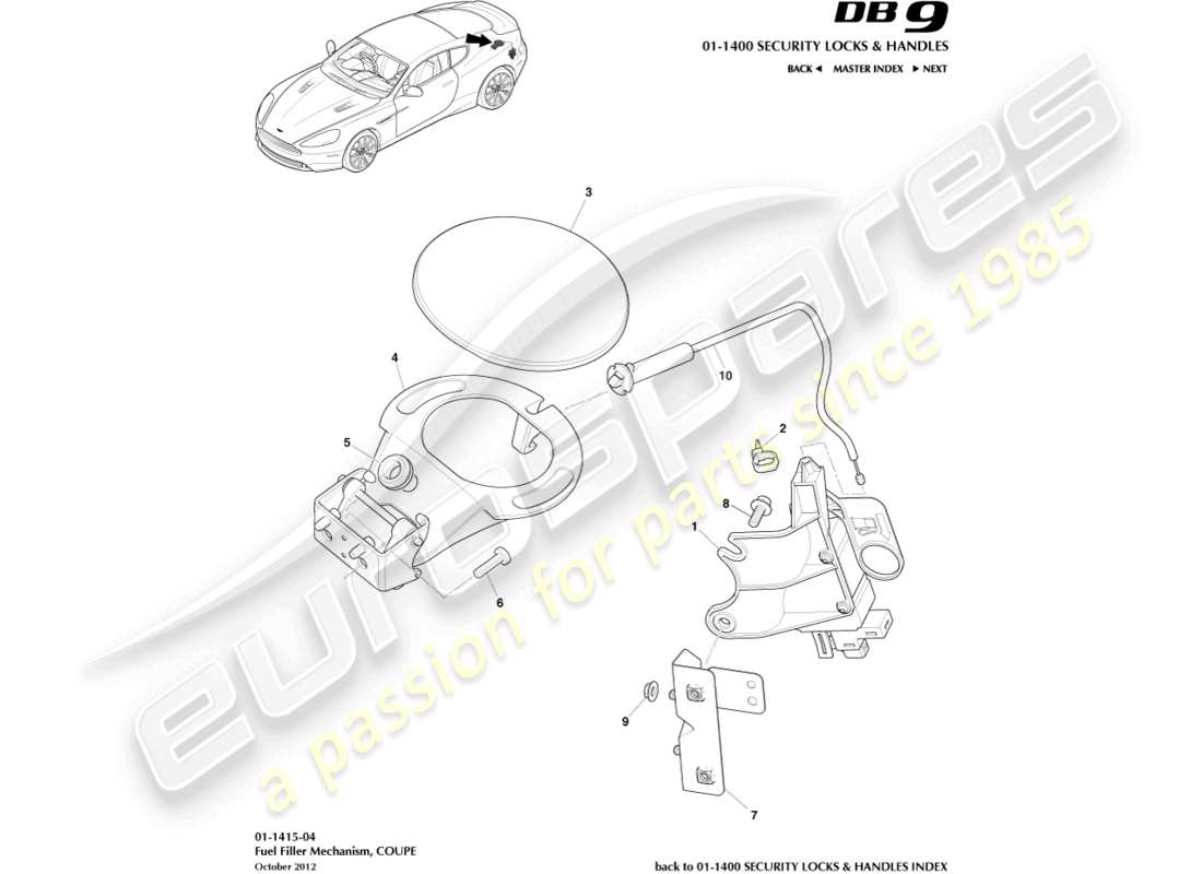 aston martin db9 (2014) meccanismo di rifornimento carburante, coupé diagramma delle parti