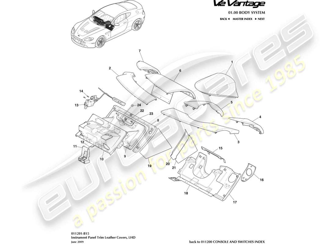 aston martin v12 vantage (2010) pannello strumenti, diagramma delle parti lhd