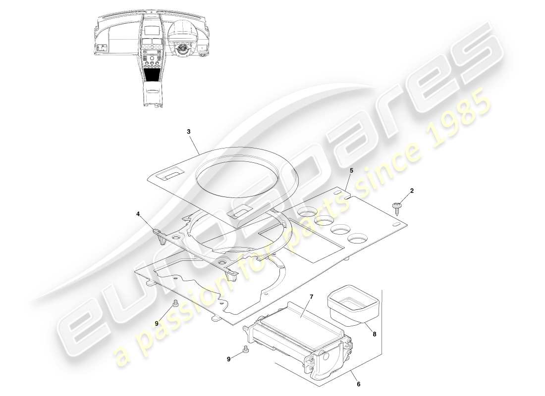 aston martin v8 vantage (2005) console anteriore, manuale, diagramma delle parti 16my