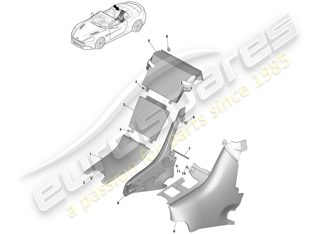 aston martin vanquish (2014) console posteriore, schema delle parti del volante