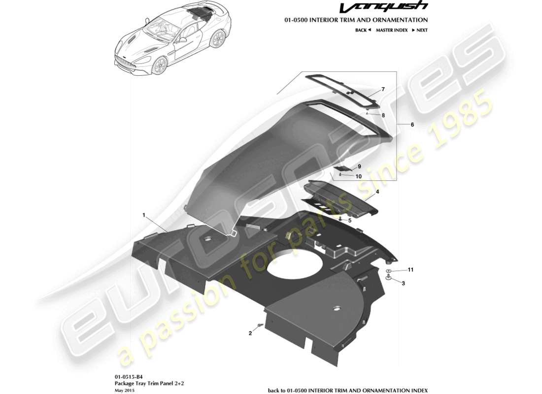 aston martin vanquish (2017) pannello di rivestimento del ripiano portaoggetti, diagramma delle parti del coupé 2+2