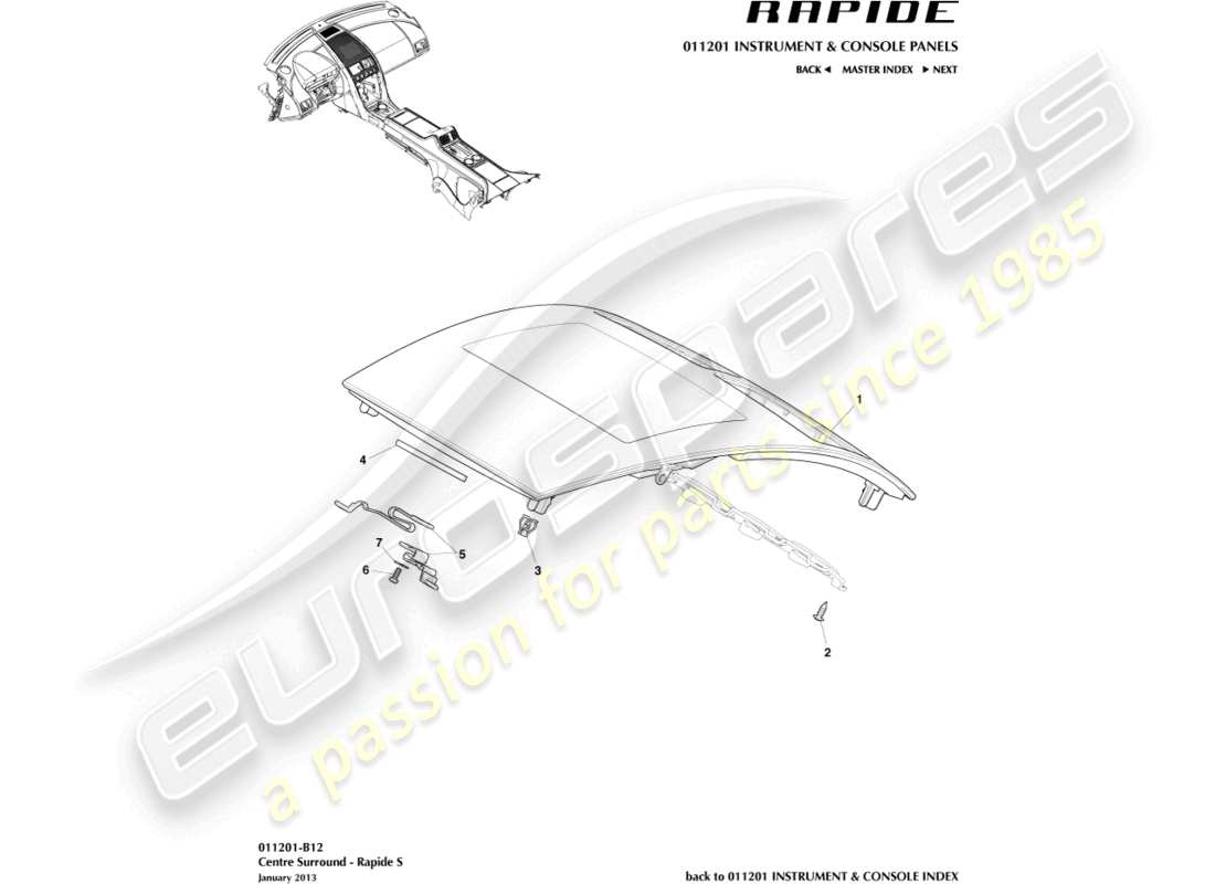 aston martin rapide (2012) pannello di rivestimento della pila centrale, diagramma delle parti s