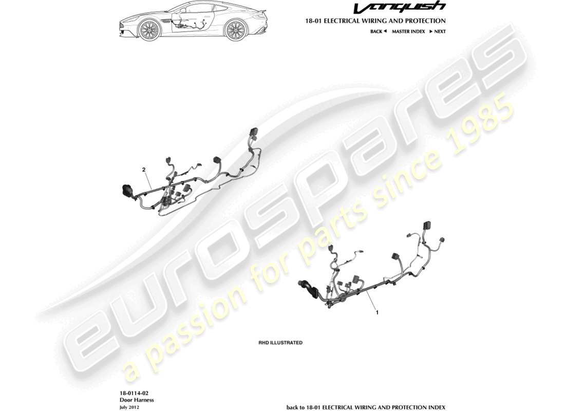 aston martin vanquish (2018) cablaggio della porta diagramma delle parti