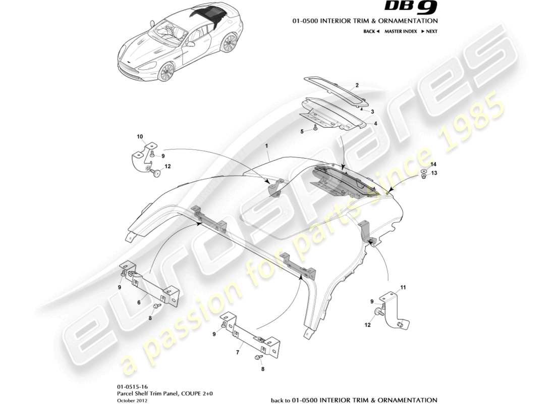 aston martin db9 (2016) pannello di rivestimento del ripiano portaoggetti, diagramma delle parti del coupé 2+0