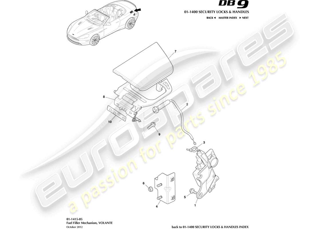 aston martin db9 (2014) meccanismo di rifornimento carburante, diagramma delle parti volante