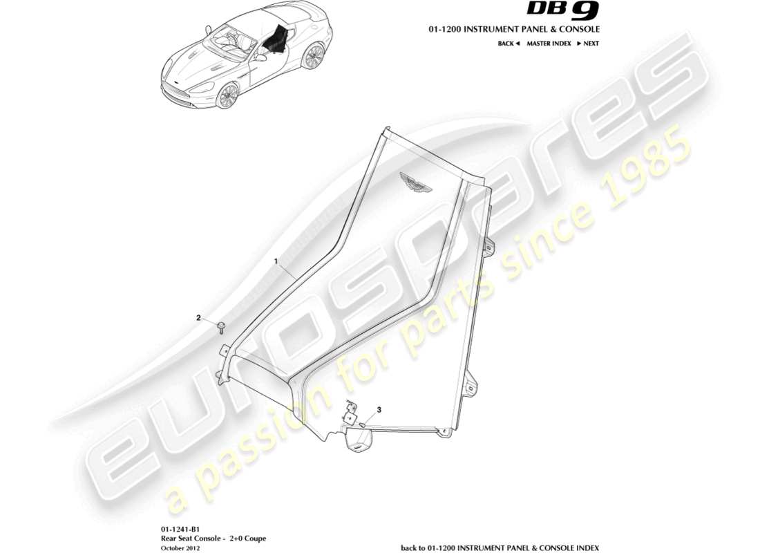 aston martin db9 (2014) schema delle parti console posteriore, coupé 2+0