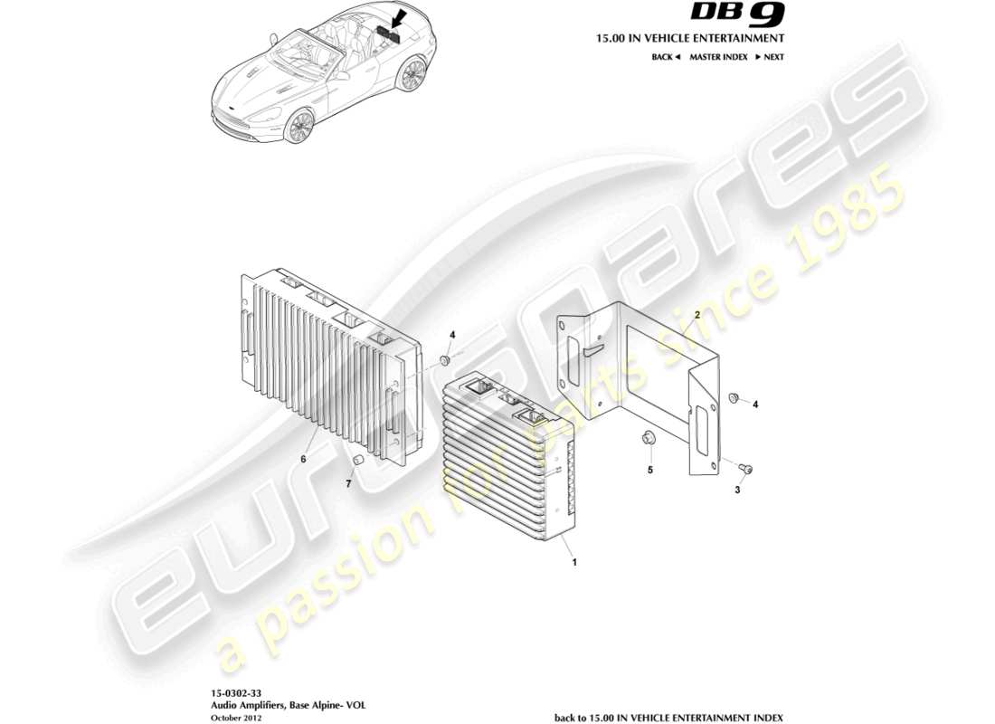 aston martin db9 (2016) verstärker, alpine, volante teilediagramm