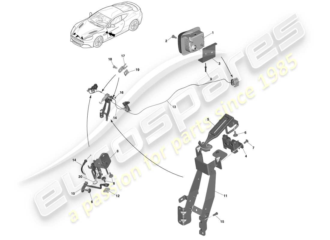 aston martin vanquish (2013) chiusura e attuazione del cofano diagramma delle parti