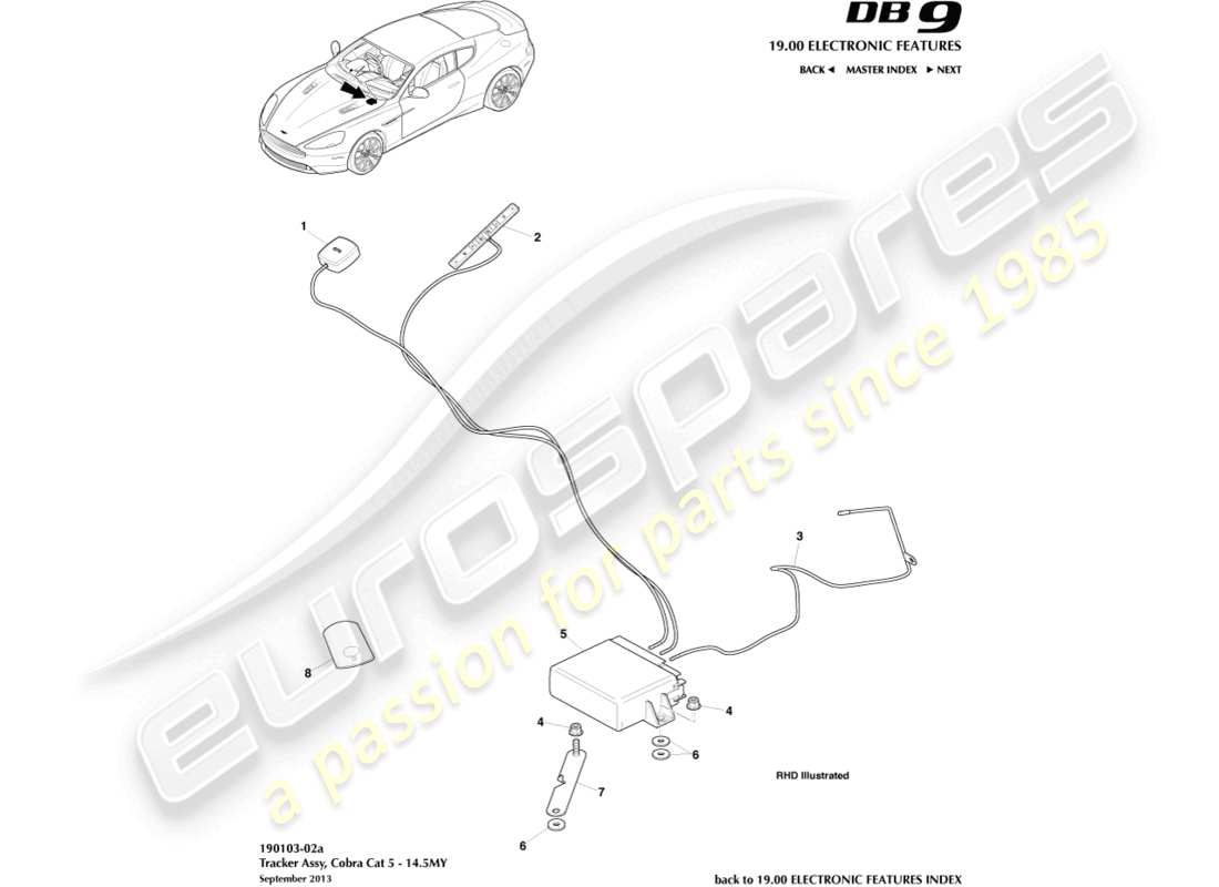 aston martin db9 (2014) localizzatore cobra cat 5, diagramma delle parti 14.5my