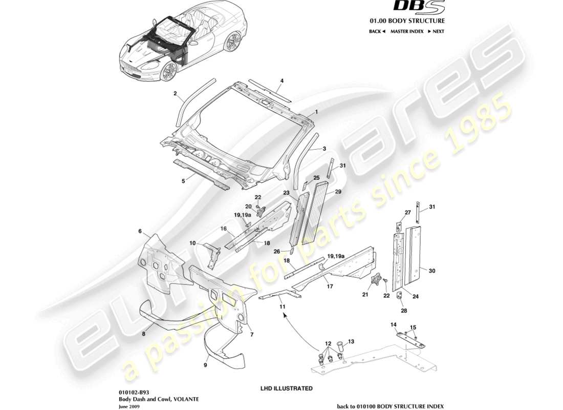 aston martin dbs (2010) body dash und motorhaube, volante teilediagramm