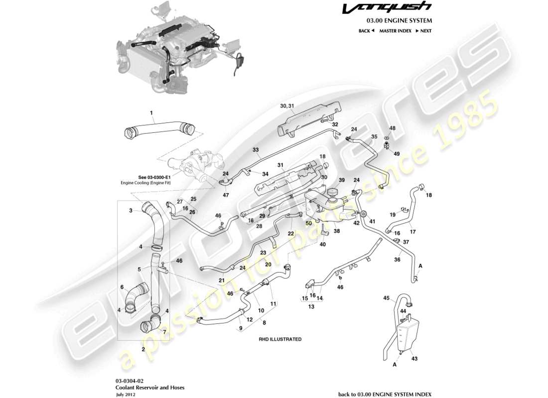 aston martin vanquish (2018) serbatoio e tubi del liquido refrigerante diagramma delle parti