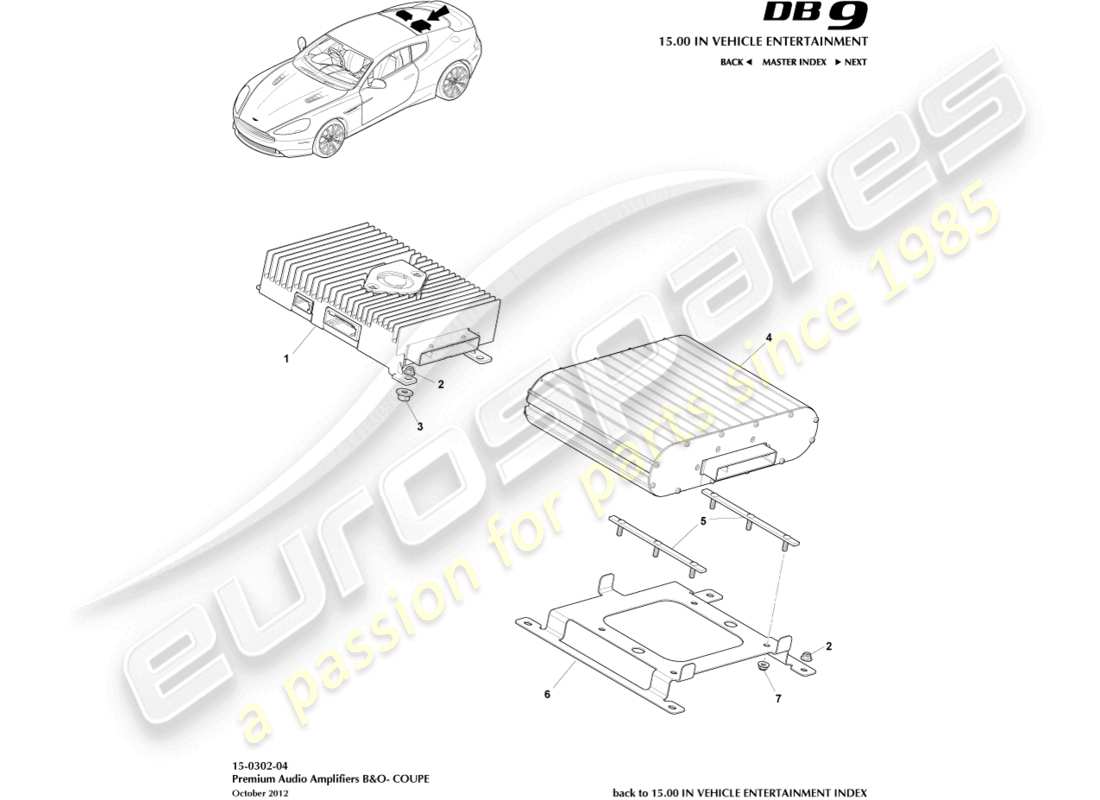 aston martin db9 (2014) amplificatori, b&o, diagramma delle parti del coupé