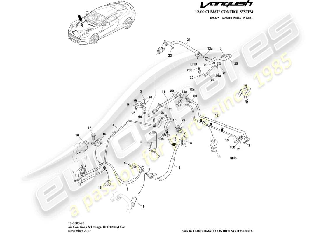 aston martin vanquish (2017) linee di aria condizionata, diagramma delle parti del gas hfo1234yf