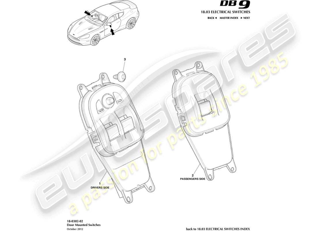 aston martin db9 (2014) interruttori montati su porta diagramma delle parti