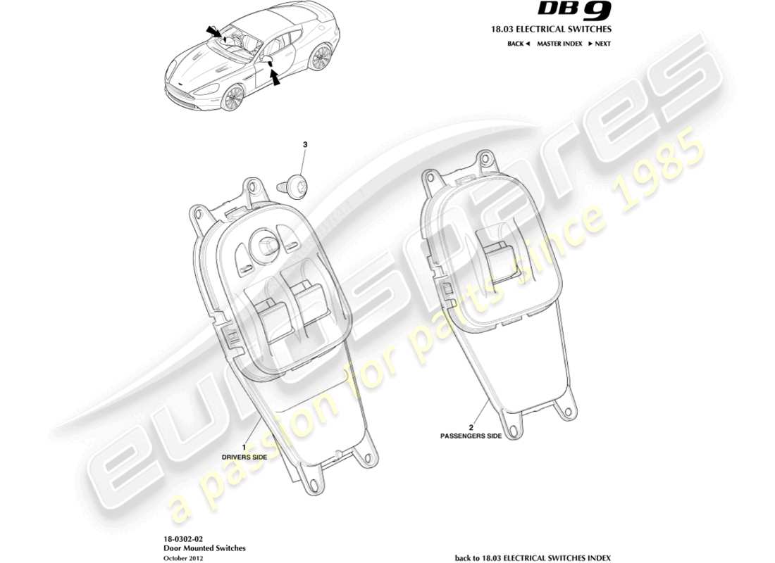 aston martin db9 (2014) diagramma delle parti degli interruttori montati su porta