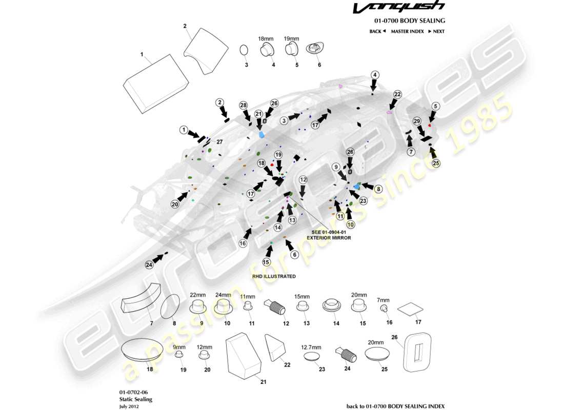 aston martin vanquish (2015) sigillatura statica diagramma delle parti